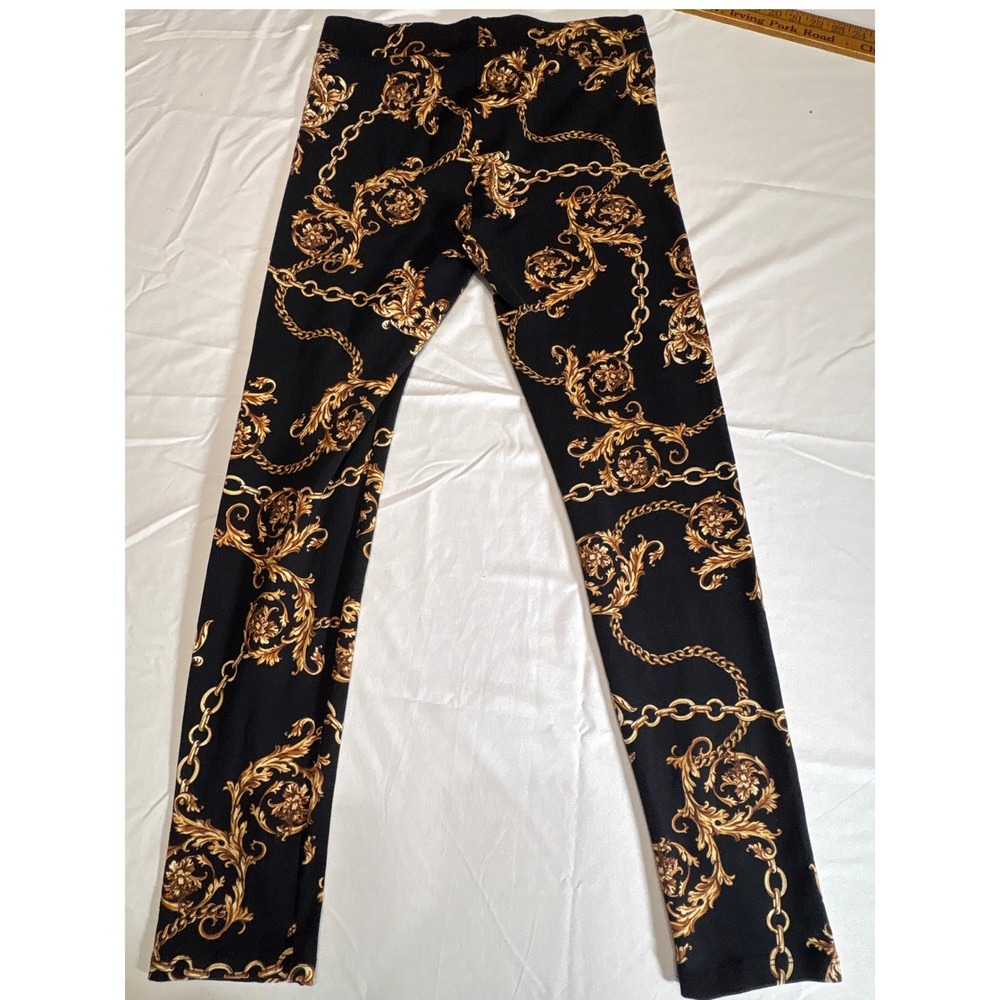 Thalia Sodi Gold Baroque Chain Print Leggings Black Gold Medium High Rise Slim